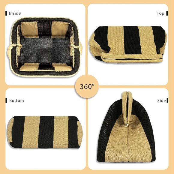 🆕Women Brown Black Crochet Striped Summer Beach Clutch Dumpling Handbag Wallet - Picture 5 of 7